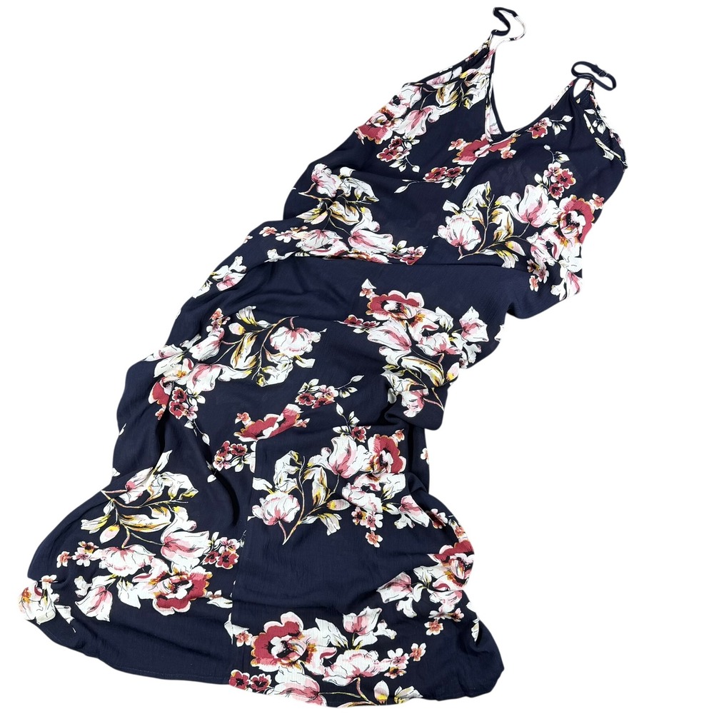 Millibon Floral Maxi Dress Womens S Navy Blue Sleeveless V-Neck Summer Beach 703